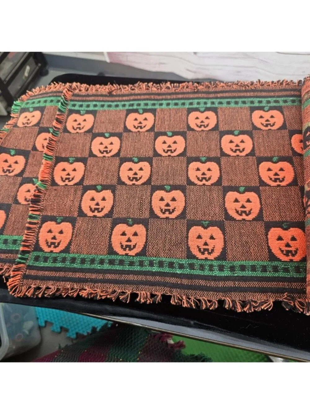 Vintage Halloween Woven Pumpkin Placemat Set Of 4 With Fringe - Black & Orange J